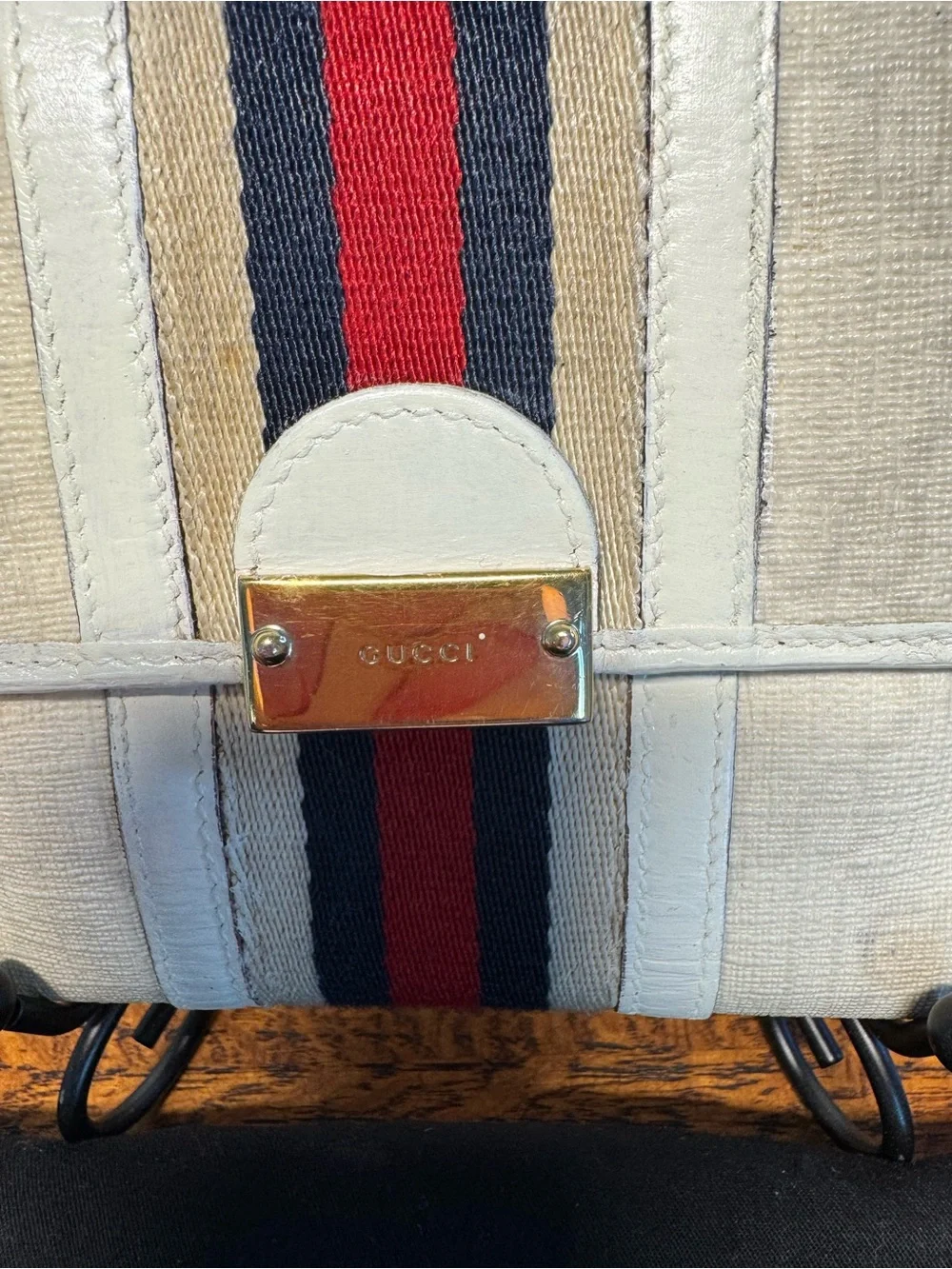 Gucci Vintage Sherry Line French Wallet - Ivory GG Canvas & Stripe w/COA & Dusty - Picture 2 of 14